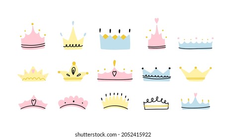 Crown set. Hand drawn king and queen, prince and princess head accessory, cartoon cute kids print or poster design element, blue and pink luxury royal symbol vector isolated illustration