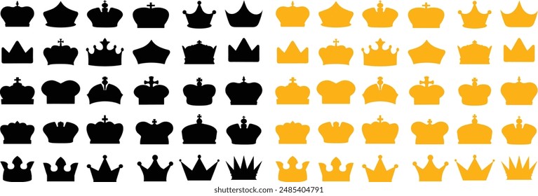 Crown set icon. Black and Gold Crowns crown sign. Collection of crown silhouette.