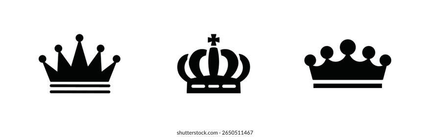 Ícones de conjunto de coroa, coleção sinal de coroa diferente, símbolo de coroa de silhueta, ilustração vetorial.