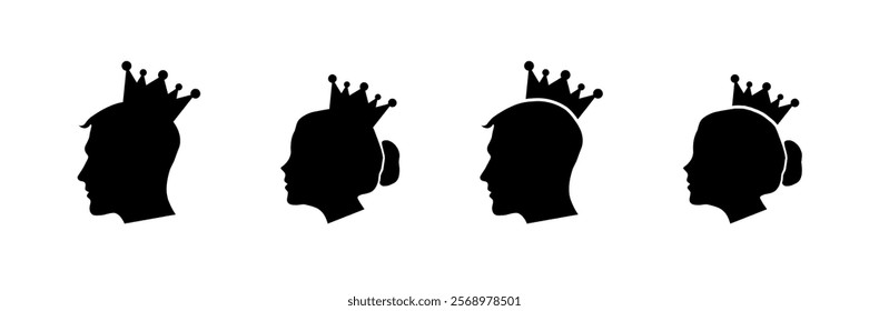 Crown set icons. Queen and king icons. Silhouette style. Vector icons.