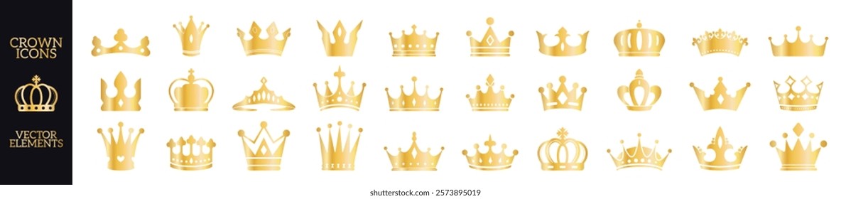 Crown set icons. Queen king golden crowns luxury royal on transporant background. Linear and silhouette icons.