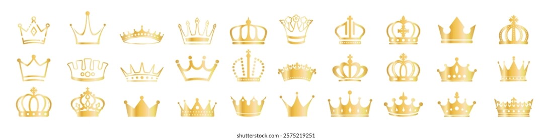 Crown set icons. Queen king golden crowns luxury royal on transporant background. Linear and silhouette icons.