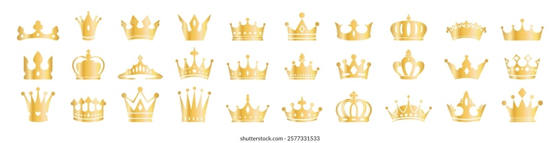 Crown set icons. Queen king golden crowns luxury royal on transporant background. Linear and silhouette icons.