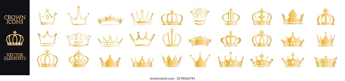 Crown set icons. Queen king golden crowns luxury royal on transporant background. Linear and silhouette icons.