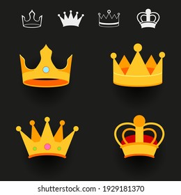 Crown set with shadow on dark background. King golden crowns collection. Monarchy royal sign symbol icon