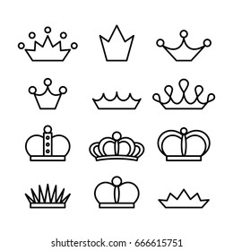 Crown Set. Vector line art jewelry icons collection of king, queen, prince, princess and emperor crowns isolated on white. Royal and luxury symbol