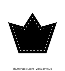 Crown shape with dotted stitches line. Cut out pictogram. Empty tag, patch, sticker, text box, price label, promo code badge isolated on white background. Vector graphic illustration.