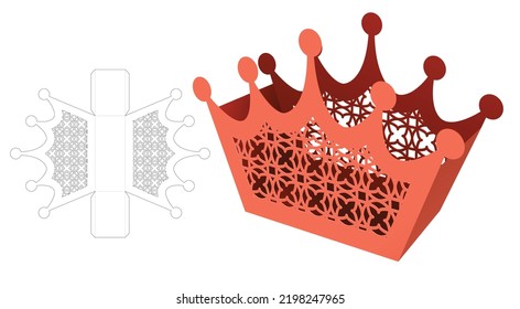 Crown shaped container box with stenciled pattern die cut template and 3D mockup
