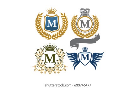 Crown Shield Leaves Ribbon Wings Letter M