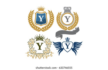 Crown Shield Leaves Ribbon Wings Letter Y