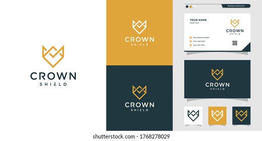 Crown and shield with line art logo and business card design, crown, king, company, shield, icon, business card, Premium Vector