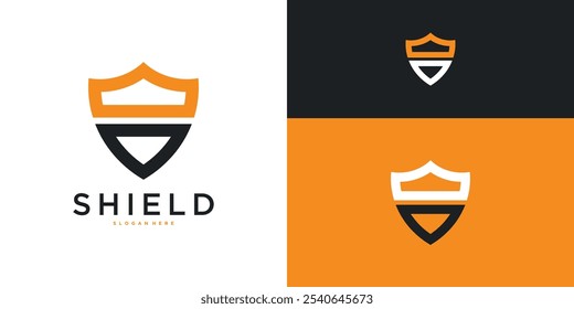 Modelo de design do logotipo do escudo da coroa. Vetor Premium
