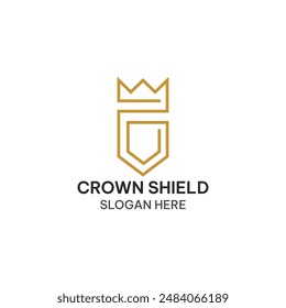 Crown shield logo template in monoline. Crown and shield vector illustration