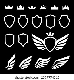 Crown shields and wings collection. Simple logo design elements. Black and White. Royal style vector template