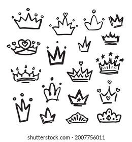 Crown Sign Black Thin Line Icon Set Hand Drawn Doodle Style. Vector illustration of Crowns Icons