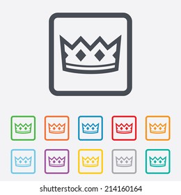 Crown sign icon. King hat symbol. Round squares buttons with frame. Vector