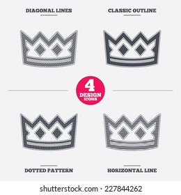 Crown sign icon. King hat symbol. Diagonal and horizontal lines, classic outline, dotted texture. Pattern design icons.  Vector