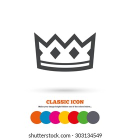 Crown sign icon. King hat symbol. Classic flat icon. Colored circles. Vector