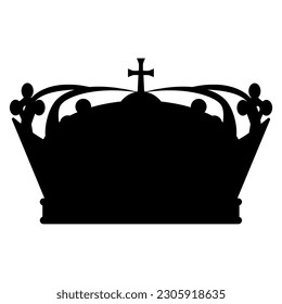 Crown silhouette. Classic royal symbol. Religion insignia. Christian cross. Vector illustration isolated on white background.