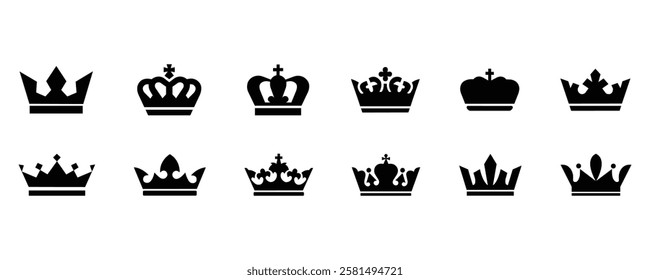 Crown silhouette. Crown icon set. Crown, king, queen, prince, princess symbol.