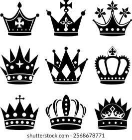 Crown silhouette icon set vector on white background
