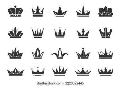 Crown silhouette. King and queen icons. Royal princess imperial heraldic elements, medieval prince emperor emblems, religious sign. Luxury labels, premium logotype. Vector symbol garish design