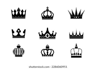 crown silhouette symbol vector Collection, Set of black vector king and queen crowns and icons. Vector Illustration. Emblem and royal symbols, Royal imperial coronation, monarch majestic jewel tiara