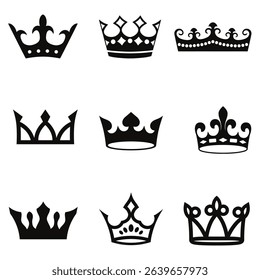 Crown silhouette vector set with king and princess icons. Collection of crown symbols in various styles.
