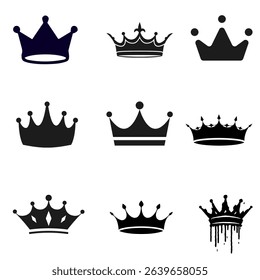 Crown silhouette vector set with king and princess icons in various styles.
