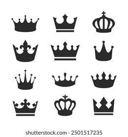 Crown simple icons set. Crown silhouettes isolated on white background. 12 Crown icons. Vector illustration