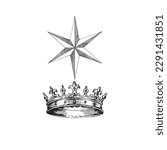 The Crown and the Six Pointed star, vector illustrations in engraving style, vintage esoteric and occult signs, drawn magical and mystical symbols