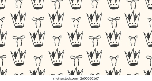 Crown sketch seamless pattern. Coquette ribbons and king marker endless background. Bow and royal sing repeat cover. Crayon continuous ornament. Surface pattern design ribbon. Vector hand drawn bg.