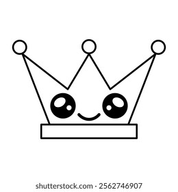 Crown with Smiling Face Outline Vector Illustration.  The crown has three pointed peaks, each topped with a circular jewel.