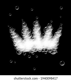 Crown of soap foam with bubbles isolated on black background. Sparkling shampoo and bath lather vector illustration.