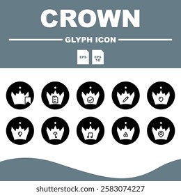 Crown Solid Editable Icons set, Royal-themed solid icons with crisp lines and a professional look, ideal for print or digital.