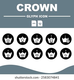 Crown Solid Editable Icons set, Royal themed solid icons featuring various crown shapes with a modern, professional look.
