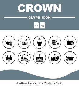 Crown Solid Editable Icons set, A versatile solid crown icon set, perfect for awards, visual identities and royal themed projects.