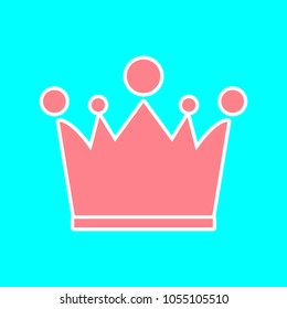 Crown with spheres icon. Vector. Magenta icon with white sticker contour at sky blue background. Isolated.