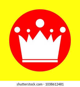 Crown with spheres icon. Vector. White flat icon inside red circle at yellow background. Isolated.