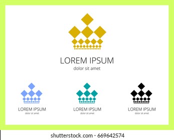 Crown of squares in yellow, blue, blue, black colors on white isolated background