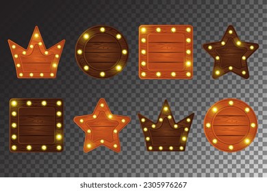 Diseño de marco de textura de madera de juego de juegos de tablero de luz de la corona y la estrella. Pancarta vectorial de caricatura para vegas o teatro de banda ancha ilustraciones aisladas con pieza de neón de la etiqueta de arce y roble