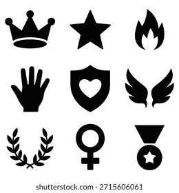 Estrella de la corona flama mano escudo alas laurel símbolo femenino medalla