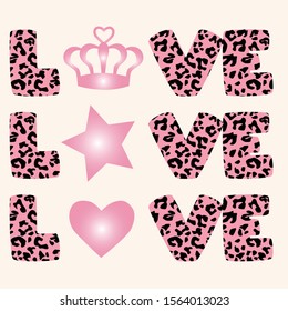 crown star heart leopard pattern text black pink girl tee illustration art vector