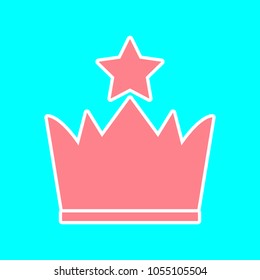 Crown with star at the top icon. Vector. Magenta icon with white sticker contour at sky blue background. Isolated.