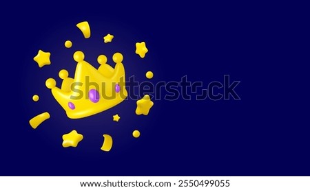 Crown with stars and confetti vector 3d banner. Cartoon yellow corona flying with purple jewels and tinsel isolated on dark blue background. Web banner sale template. Loyalty bonus program concept