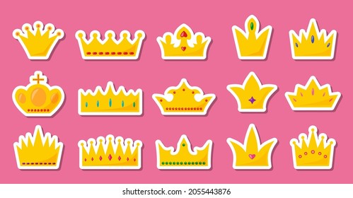 Crown sticker, label with different precious stones, for titles set. Crowns and tiaras for the king and queen. Refined elements for design. Indicator of the high quality of the product. Vector