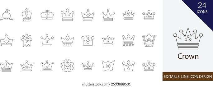 Crown stroke icon set. with Royalty, King, Queen, Monarch,  winner, success, prince and more stroke icons