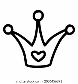 Crown in style of doodles. Accessory of princess and queen. Vector icon for children coloring pages.