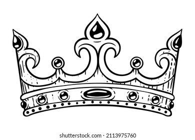 Crown in the style of engraving. Hand drawing. Crown with precious stones. A symbol of power. The headdress of kings, tsars, emperors, rulers. The Middle Ages.