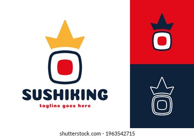 Crown sushi logo. vector Japanese seafood restaurant symbol of fresh royal sushi or roll with king crown